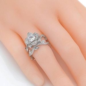 Flower Leaf Rose Lotus Cubic Zirconia Diamond Engagement Wedding Ring